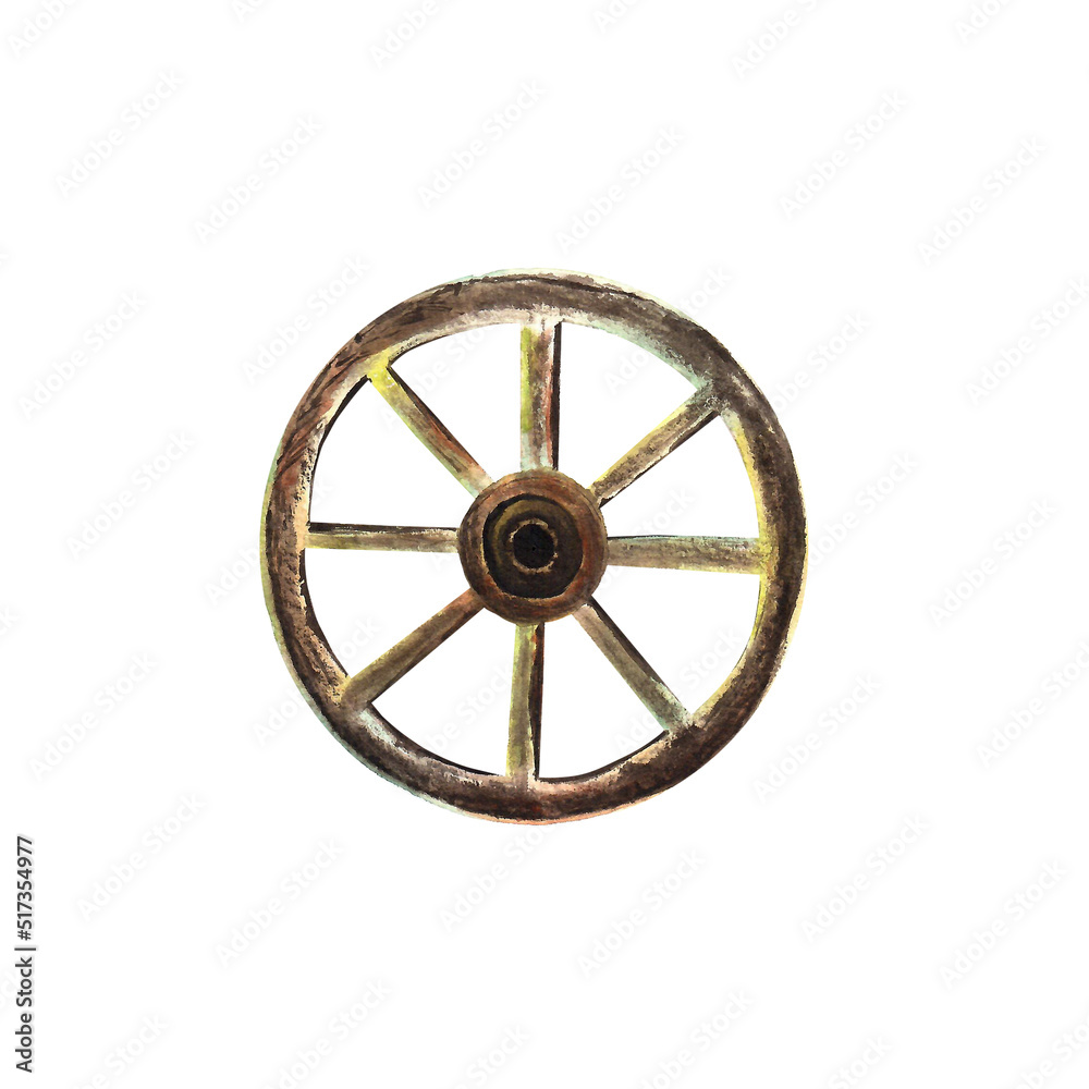 Watercolour old wooden wheel. An isolated element of autumn set