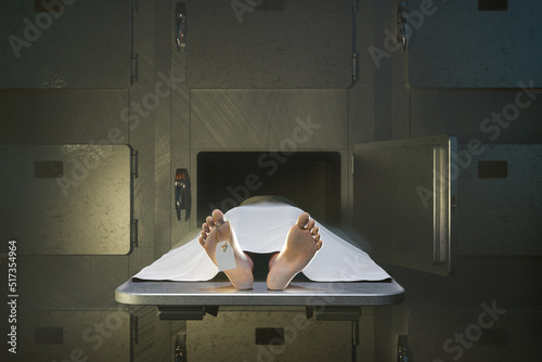 Body of dead man in open cell in hospital morgue - 3d rendering photo