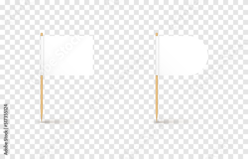 Vector set of realistic toothpicks png. Toothpicks with a white flag on an isolated transparent background. Rectangular, triangular, flags on a wooden stick png.