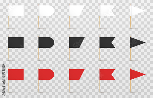 Vector set of realistic toothpicks png. Toothpicks with a flag on an isolated transparent background. Rectangular, triangular, flags on a wooden stick png.