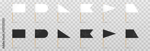 Vector set of realistic toothpicks png. Toothpicks with a white and black flag on an isolated transparent background. Rectangular, triangular, flags on a wooden stick png.
