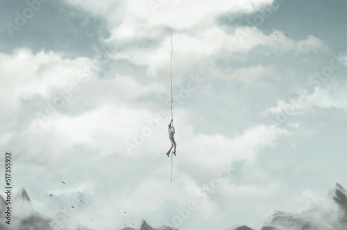 Obraz na plátne Illustration of man climbing a rope in the sky, ascension surreal abstract conce