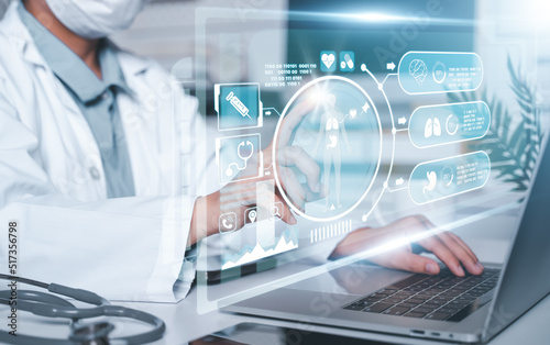 Medicine doctor touching screen with digital healthcare and network connection and hologram modern virtual screen interface icons, Medical technology and futuristic concept.