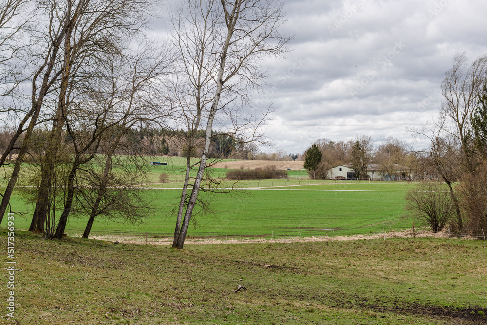 Spring landscape with green farm fields and road in cloudy weather Spring landscape with green farm fields and road in cloudy weather