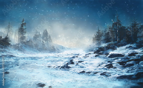 Fantastic Winter Epic Landscape of Mountains. Christmas Celtic Medieval forest. Frozen nature. Snowy Glacier. Mystic Valley. Artwork sketch. Gaming RPG background. Book cover, poster, banner 