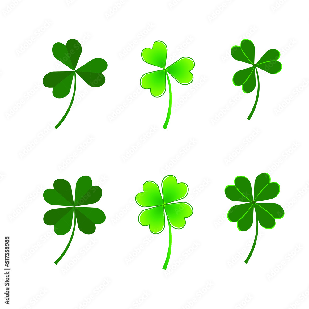 Set of Three & Four Leaf Clovers leaves isolated on white. Set of Three & Four Leaf Clovers leaves isolated on white.