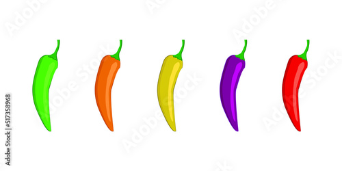 Hot chili peppers set isolated on white background. Vector illustration of red, yellow and green peppers.