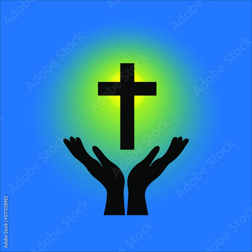 hand and cross with yellow light. vector illustration