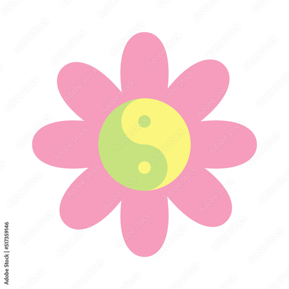 Flower with yin yang symbol in pastel pink yellow green color. Vector illustration isolated on white background. Cute y2k clip art, design element.