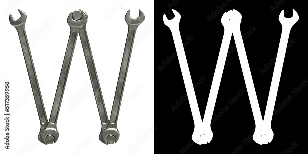 Letter W made of used metal wrenches, isolated on white with clipping