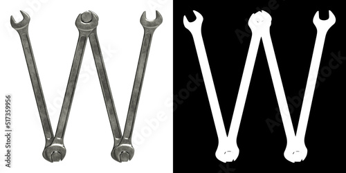 Letter W made of used metal wrenches, isolated on white with clipping mask, 3d rendering