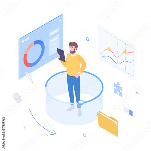 Money, ux, ui, chart, graph, diagram, presentation, spreadsheet, economy, finance, technology. Isometric vector illustration flat design isolated.