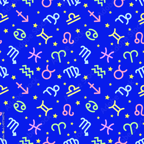 Zodiac signs blue with stars seamless pattern. Astrology, horoscope. Vector illustration
