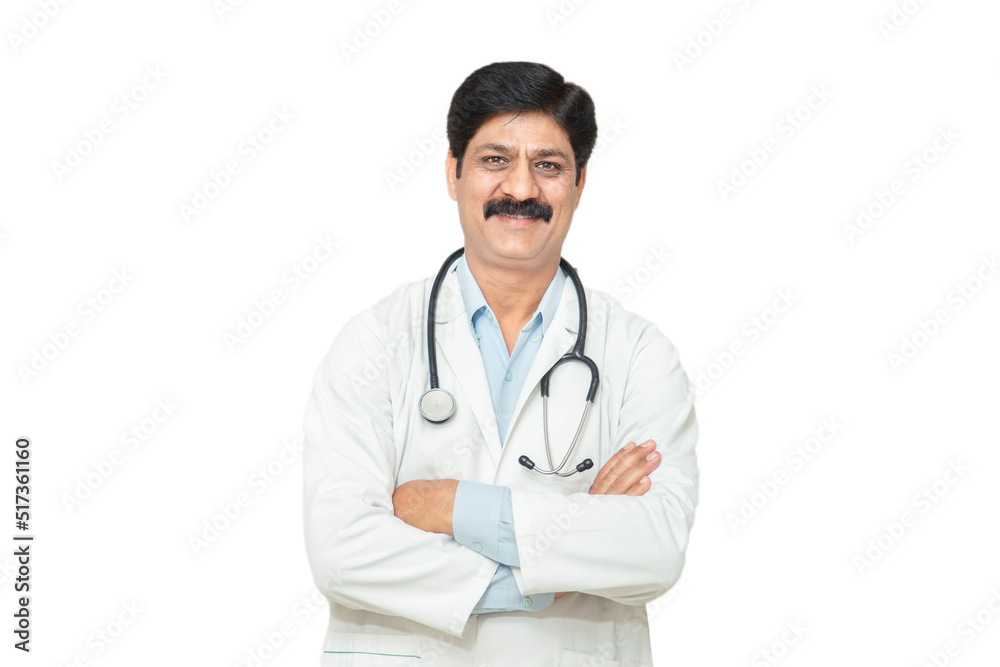 Portrait happy indian male doctor with stethoscope standing cross arms looking at camera, healthcare and medical concept. Portrait happy indian male doctor with stethoscope standing cross arms looking at camera, healthcare and medical concept.