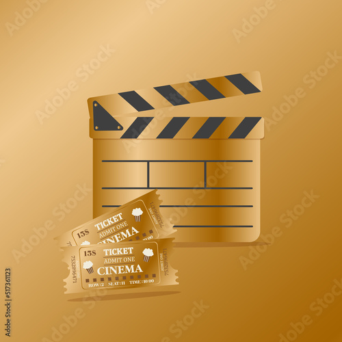 Movie golden clapper board isolated on golden background