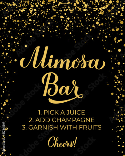 Mimosa Bar sign. How to make mimosas. Gold confetti bubbly bar sign. Vector template for typography poster, banner, flyer, etc