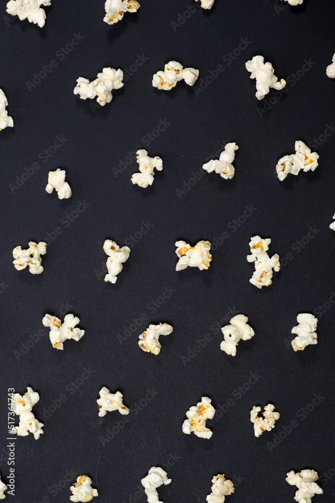 Popcorn on an black background, close-up view from above Popcorn on an black background, close-up view from above