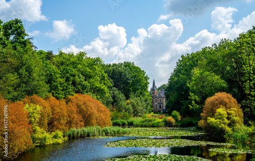 Fototapeta Naklejka Na Ścianę i Meble -  Pool in a nature reserve in West Flanders, Belgium with detail of a country villa

