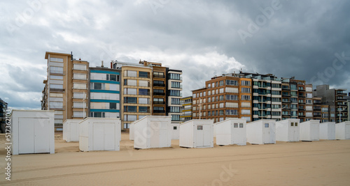 Bathing boxes on the beach of North Sea in Belgium 
