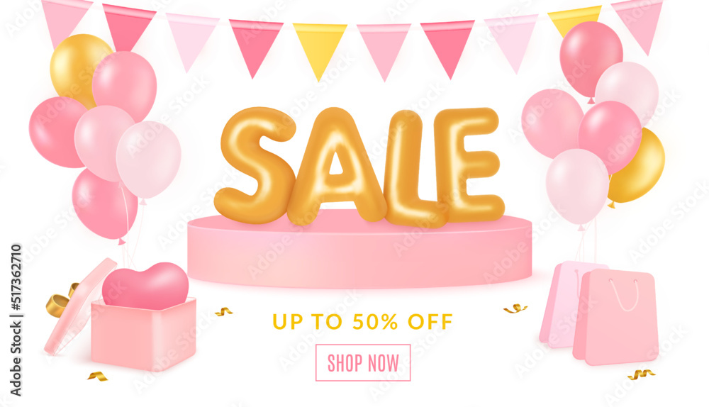 3D sale banner. Discount advertising. Special offer gift. Shop bags and purchase box. Promotion podium with balloons. Online anniversary shopping with confetti. Vector design background 3D sale banner. Discount advertising. Special offer gift. Shop bags and purchase box. Promotion podium with balloons. Online anniversary shopping with confetti. Vector design background