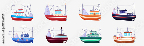 Sea fish boat. Fisherman trawler. Ocean harbor fishery icons. Traditional transportation in water. Fisher motorboats side view. Industrial vessels with fishing tackles. Vector ship set