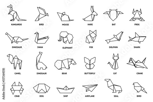 Origami animals. Paper figures. Crane bird icons. Fox and dog folded shapes. Geometric cat and dolphin. Japan swan silhouette. Airplane and ship. Modern hobby. Vector abstract toys set