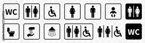 WC icons set. Toilet sign. Man, woman, mother with baby and handicapped silhouettes collection. Male and female restroom. photo
