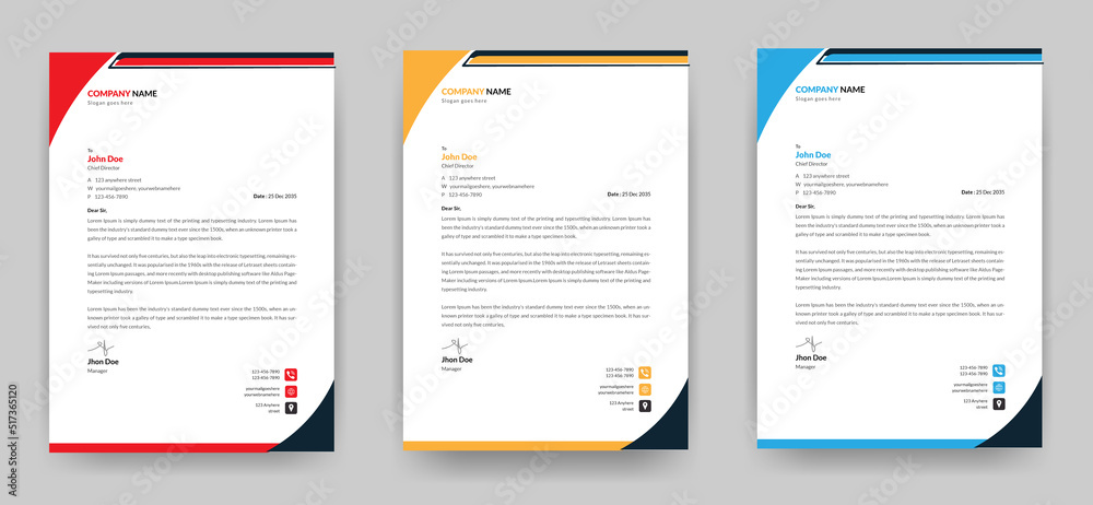 Modern creative and clean letterhead template design for your Company  a4 size with three color variations ready for print