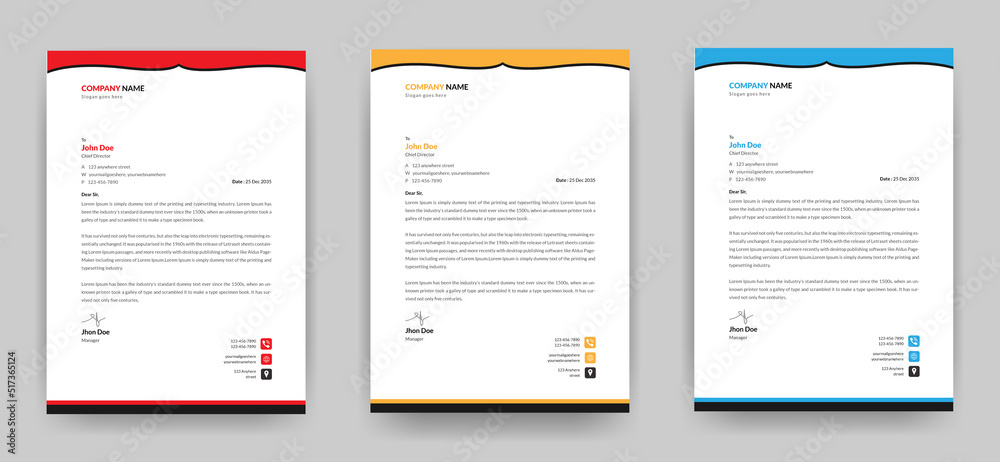 Modern creative and clean letterhead template design for your Company  a4 size with three color variations ready for print