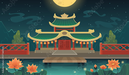 Chinese castle illustration. Japanese shinto shrine at night. Asain ancient building with lotos pond and mountains