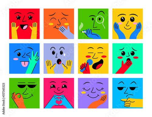 Abstract face characters. People avatar with eye mouths. Happy or sad emoji. Humor expressions. Hands gestures. Square cards. Doodle comic elements set. Vector cartoon illustration