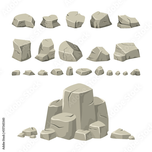 Cartoon rock stones set. Boulder and rubble mountain, gravel pile or wall, granite debris construction, concrete elements. Big and small isolated objects. Vector isolated texture