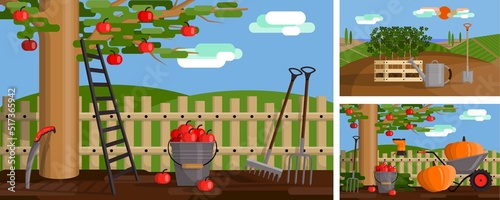 Spring landscape. Garden scenery. Background with plants and agriculture tools. Orchard harvest. Nature panorama. Apple crop. Pumpkin in wheelbarrow. Farm field. Vector illustration banner