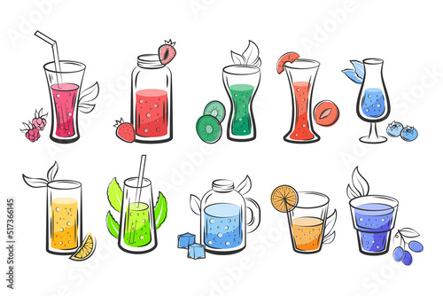Healthy juice drink set. Blender fresh cocktail in glass cup, nutrition beverage in bottle for bar, delicious fruit food. Vitamin detox, summer lemonade and cold water. Vector doodle icon