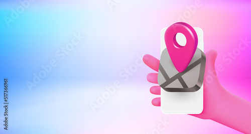 Using navigation application on mobile phone. 3d vector banner with copy space
