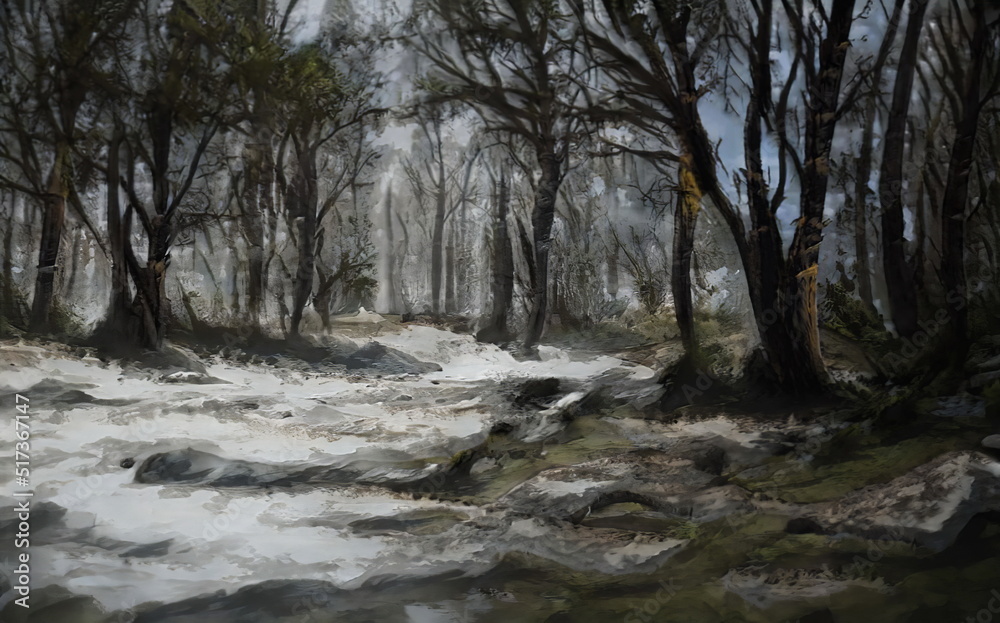 Fantastic Epic Magical Winter Forest Landscape. Beautiful mystic nature. Gaming assets. Celtic Medieval RPG background. Rocks and trees. Sky with clouds. Fantastic Epic Magical Winter Forest Landscape. Beautiful mystic nature. Gaming assets. Celtic Medieval RPG background. Rocks and trees. Sky with clouds.