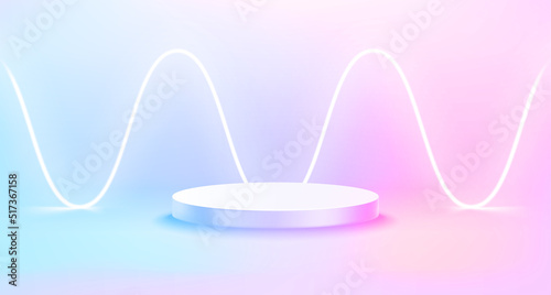 Empty studio with podium and neon light. Vector show case template for a product design. Vector 3d illustration