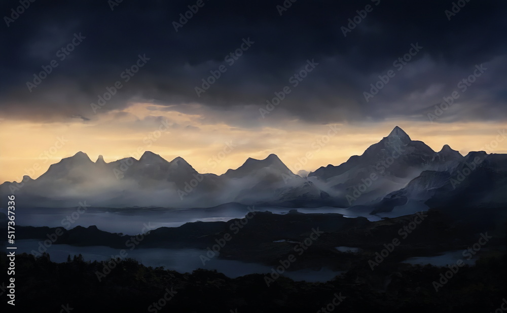 Fantastic Epic Magical Landscape of Mountains. Summer nature. Mystic Valley, tundra, forest. Gaming assets. Celtic Medieval RPG background. Rocks and grass. Beautiful sky and clouds.	