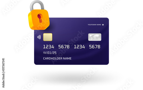Plastic bank card with lock icon isolated on white. 3d vector illustration