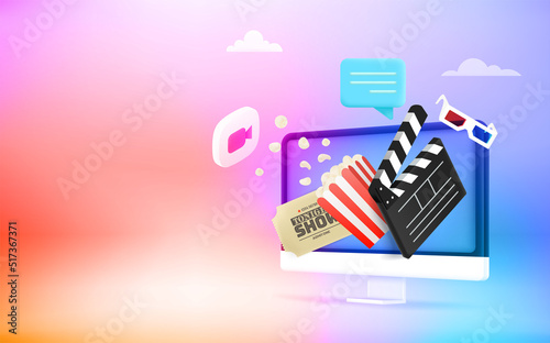 Using computer for watching movies. 3d vector vertical banner with copy space