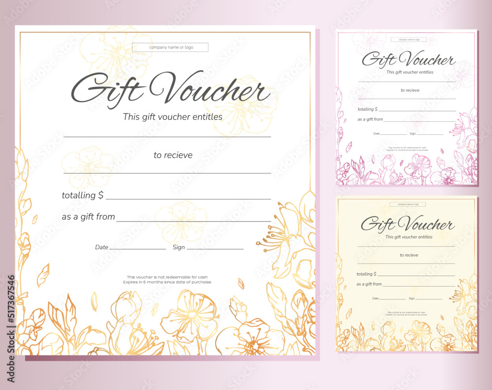 Woman gift voucher for beauty salon, shop, spa. Cherry branches and flowers. Spring and summer gift certificate in different colors . Fully editable.