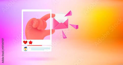 Internet message with hand. internet mailing concept. 3d vector banner with copy space