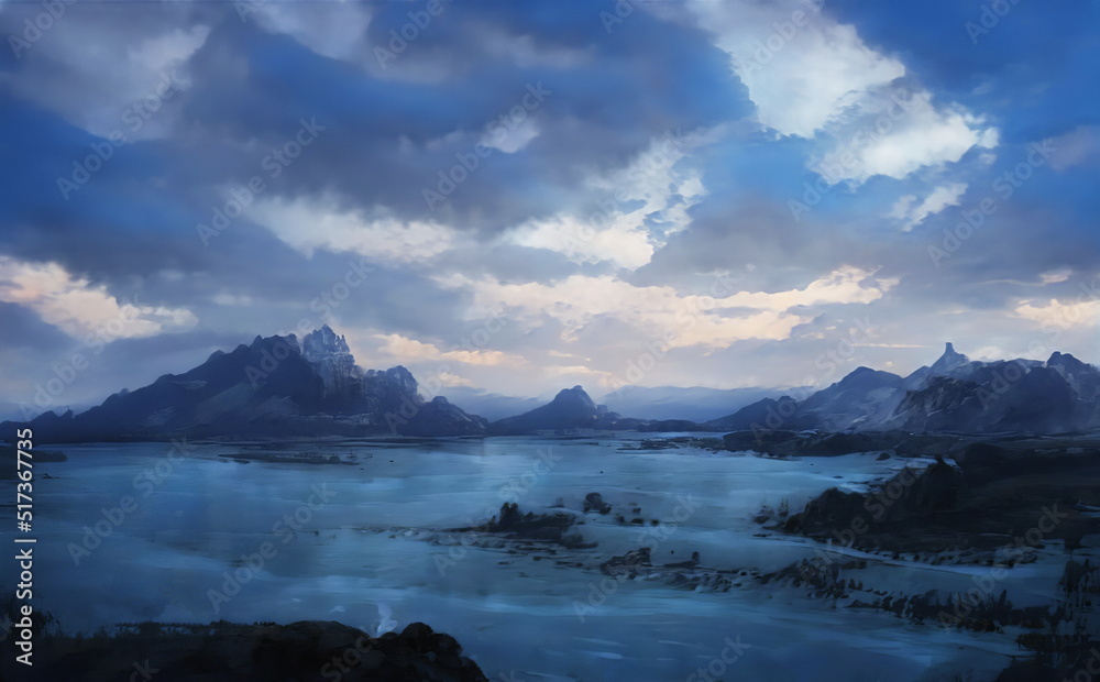 Fantastic Epic Magical Landscape of Mountains. Summer nature. Mystic Valley, tundra. Gaming assets. Celtic Medieval RPG background. Rocks and grass. Beautiful sky and clouds. Lakes and rivers	