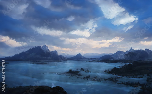 Fantastic Epic Magical Landscape of Mountains. Summer nature. Mystic Valley  tundra. Gaming assets. Celtic Medieval RPG background. Rocks and grass. Beautiful sky and clouds. Lakes and rivers 