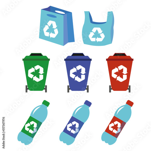 recycle bin, recyclable bag and bottle in flat style