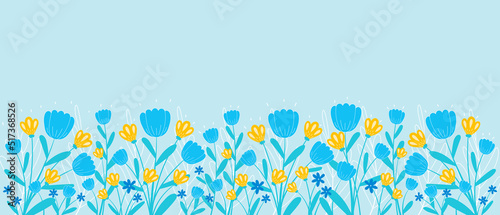 Spring backdrop with border of blooming flowers and leaves in hand drawn style, horizontal banner template