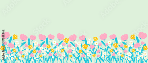 Spring backdrop with border of blooming flowers and leaves in hand drawn style, horizontal banner template