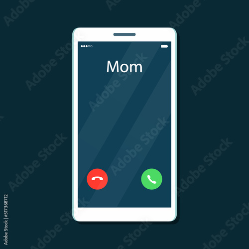 Incoming call from mom on mobile phone screen. Vector illustration in flat cartoon style.