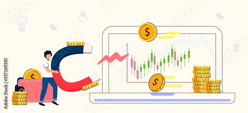 Monetization concept Flat tiny persons vector illustration Online e-commerce marketer analyzing blog content and generating income with ad placements and sponsor partnerships. Monetize data services