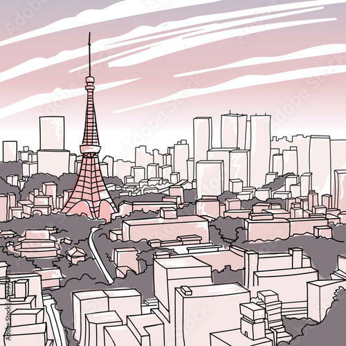 Hand drawn sketch of Tokyo skyline in vector illustration